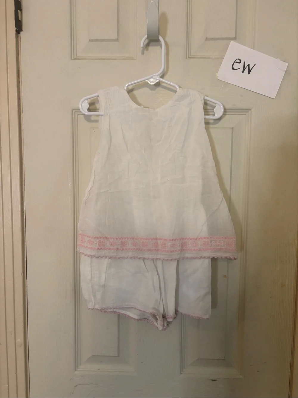 White Linen Baby Romper with Pink Trim